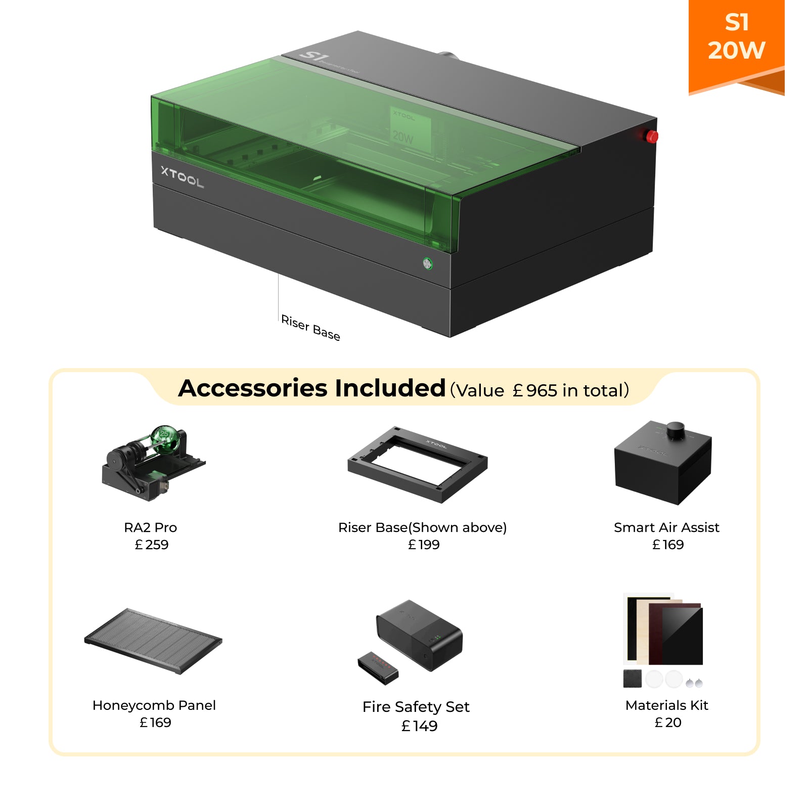 xTool S1 Laser Cutter & Engraver Machine Bundle w/ Rotary, Riser, Filter - 20W Diode Laser