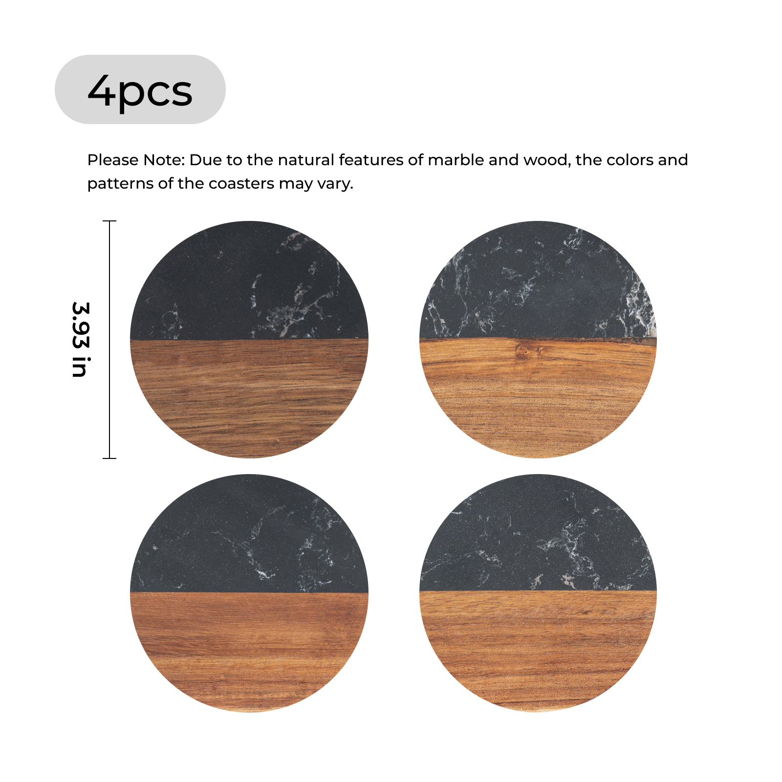 Round Black Marble and Wood Coasters (4pcs)