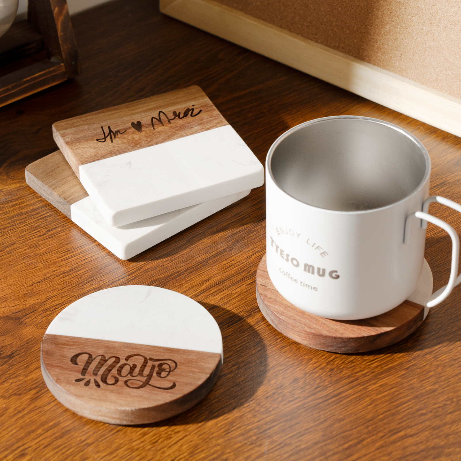 Round White Marble and Wood Coasters (4pcs)